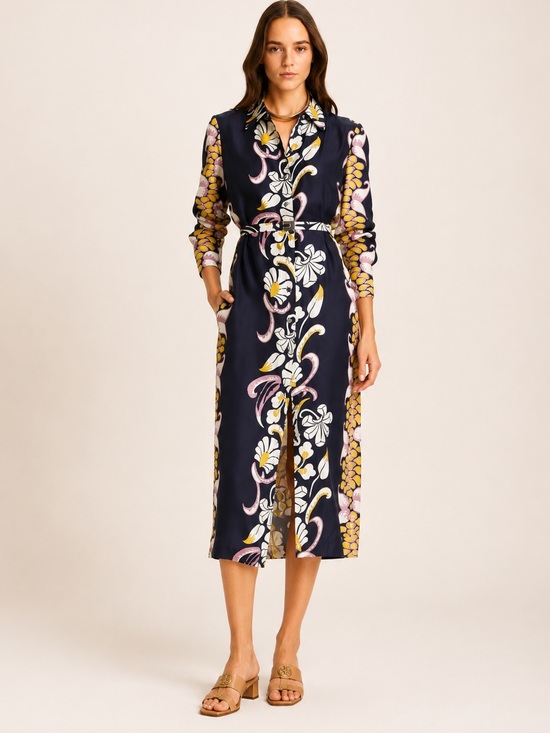 Tory Burch Dresses & Skirts - Tory Burch Printed Silk Twill Shirtdress Pink Tropical Border Belted Size 2